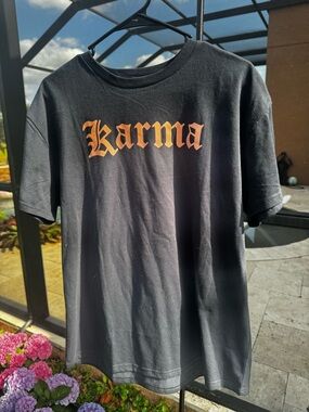 Karma Black Tee with Peach Gothic Logo